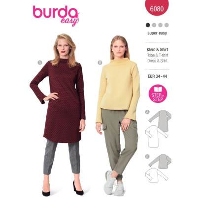Střih Burda 6080, návod k šití: tričko, rolák, rolákové šaty s dlouhým rukávem