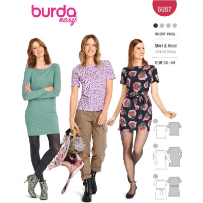 Střih Burda 6087, návod k šití: tričko s lodičkovým výstřihem, tričkové šaty