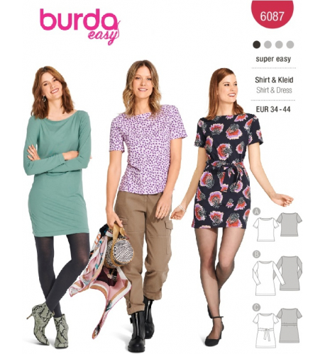 Střih Burda 6087, návod k šití: tričko s lodičkovým výstřihem, tričkové šaty
