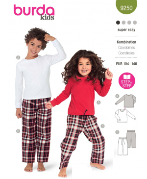 Střih Burda 9250, návod k šití: tričko s dlouhým rukávem a kalhoty s gumou v pase pro dívky a chlapce