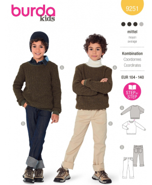 Střih Burda 9251, návod k šití: chlapecká mikina a džínové kalhoty, manšestrové kalhoty