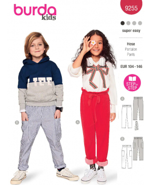 Střih Burda 9255, návod k šití: dětské kalhoty s gumou v pase, tepláky