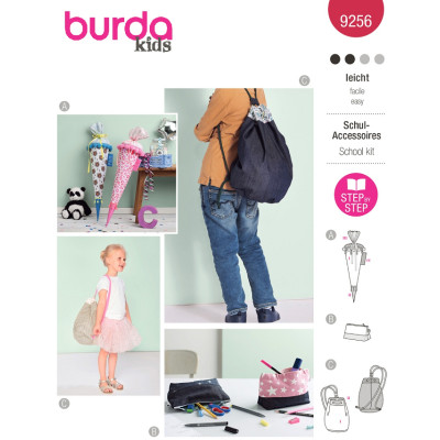 Střih Burda 9256, návod k šití: kornout, penál, batoh
