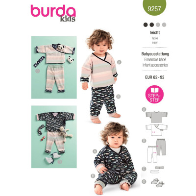 Střih Burda 9257, návod k šití: zavinovací tričko, tepláčky, čelenka a capáčky