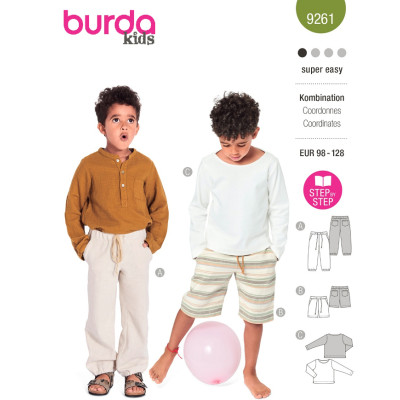 Střih Burda 9261, návod k šití: klučičí tepláky, šortky a tričko