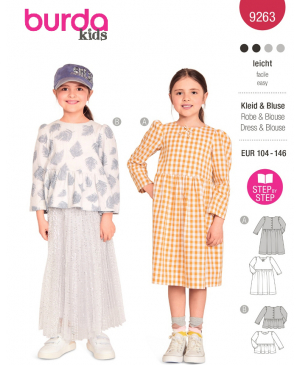 Střih Burda 9263, návod k šití: dívčí nabírané šaty a halenka