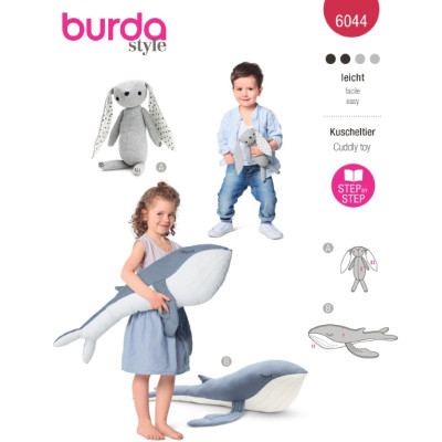 Střih Burda 6044, návod k šití: králíček, velryba, hračky, dekorace pro děti