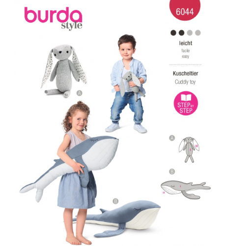 Střih Burda 6044, návod k šití: králíček, velryba, hračky, dekorace pro děti