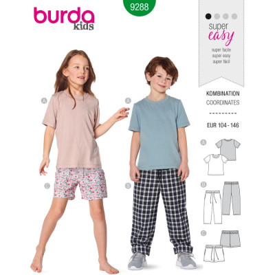 Střih Burda číslo 9288 dětské tričko, kalhoty s gumou v pase, šortky