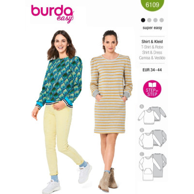 Střih Burda 6109, návod k šití: mikina, mikinové šaty