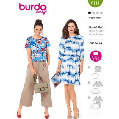 Střih Burda 6111, návod k šití: halenka s výstřihem Carmen, halenkové šaty s gumou v pase