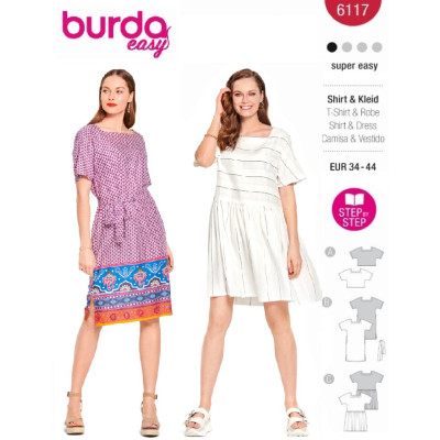Střih Burda 6117, návod k šití: tričkové šaty, volné letní šaty, krátké tričko, crop top