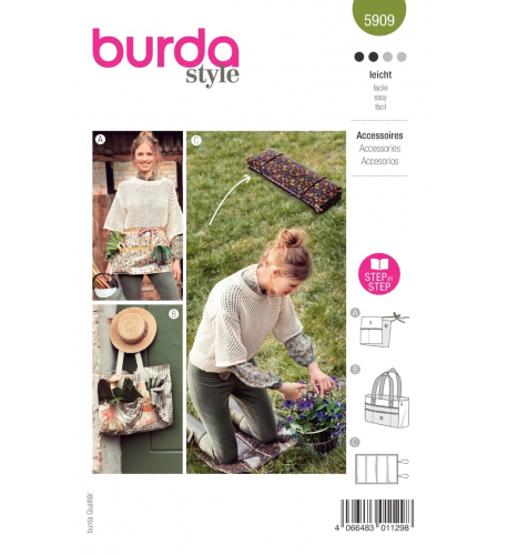 Střih Burda 5909, návod k šití: zahradnická zástěra, taška, zahradní podložka