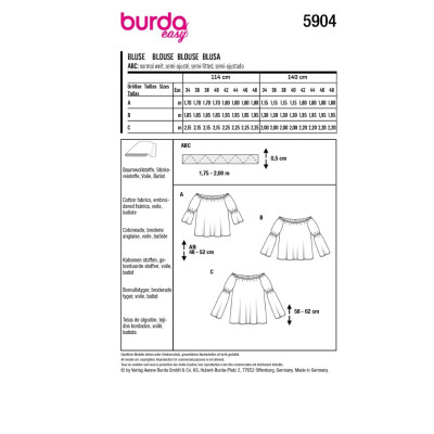 Střih Burda 5904, návod k šití: halenka se spadlými rameny