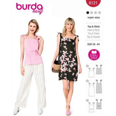 Střih Burda 6121, návod k šití: šaty na ramínka, top na ramínka, tílko