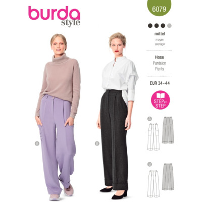 Střih Burda 6079, návod k šití: široké kalhoty s puky