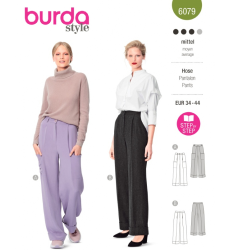 Střih Burda 6079, návod k šití: široké kalhoty s puky