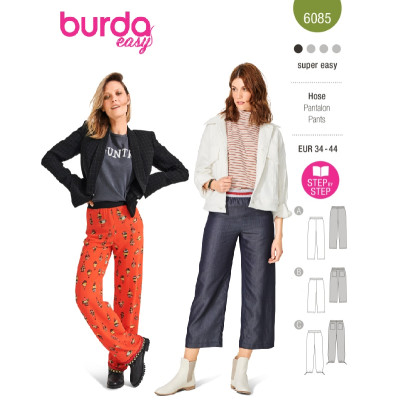 Střih Burda 6085, návod k šití: rovné kalhoty s gumou v pase
