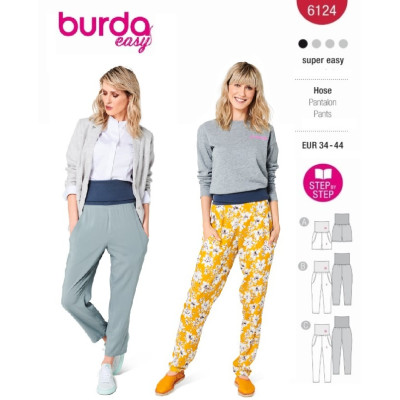 Střih Burda číslo 6124 pohodlné kalhoty se širokým nápletem, kalhoty na jógu