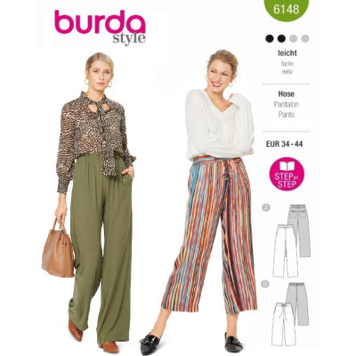 Střih Burda číslo 6148 volné kalhoty s gumou v pase, lněné kalhoty