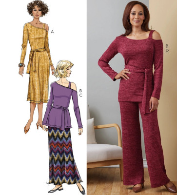 Střih Butterick 6913 úpletové šaty, top na jedno rameno, sukně a kalhoty s gumou v pase