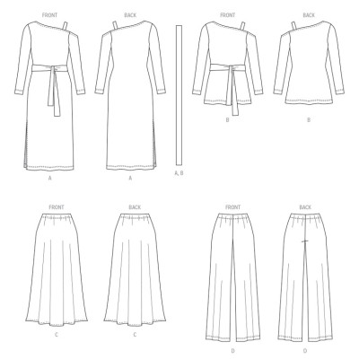 Střih Butterick 6913 úpletové šaty, top na jedno rameno, sukně a kalhoty s gumou v pase