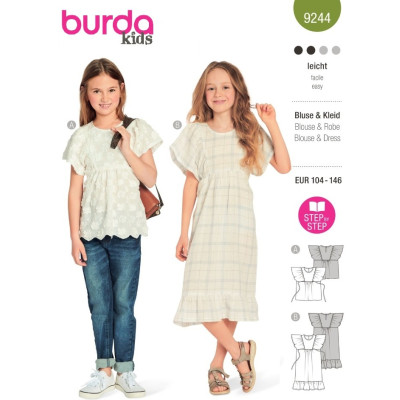 Střih Burda 9244, návod k šití: volné empírové šaty, halenka pro dívky