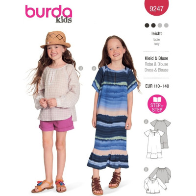 Střih Burda 9247, návod k šití: volné šaty, halenka pro dívky
