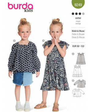 Střih Burda 9249, návod k šití: nabírané šaty a halenka pro dívky