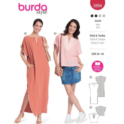 Střih Burda 5894, návod k šití: volné šaty, kaftan, tunika