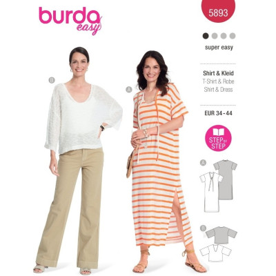 Střih Burda 5893, návod k šití: volné šaty, tričkové šaty, tričko