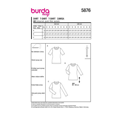 Střih Burda 5876, návod k šití: tričko s dlouhým rukávem