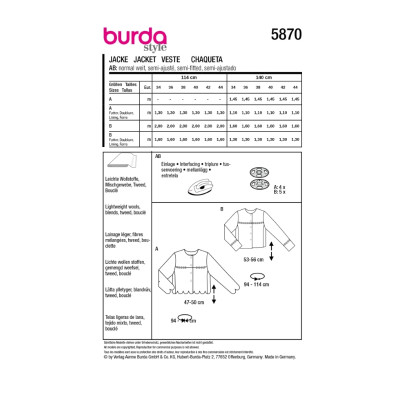 Střih Burda 5870, návod k šití: sako, krátký kabátek