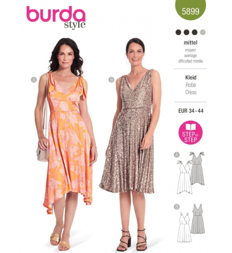 Střih Burda 5899, návod k šití: zavinovací šaty na ramínka