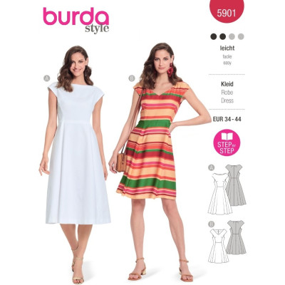 Střih Burda 5901, návod k šití: šaty s rozšířenou sukní