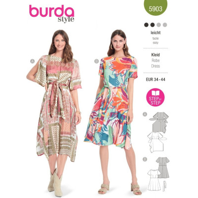 Střih Burda 5903, návod k šití: šaty s rozšířenou sukní