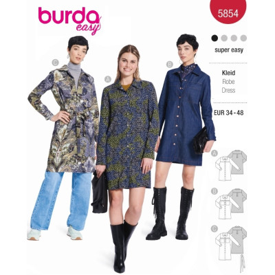 Střih Burda 5854, návod k šití: košilové šaty, džínové šaty