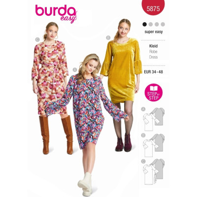 Střih Burda 5875, návod k šití: tričkové šaty s dlouhým rukávem