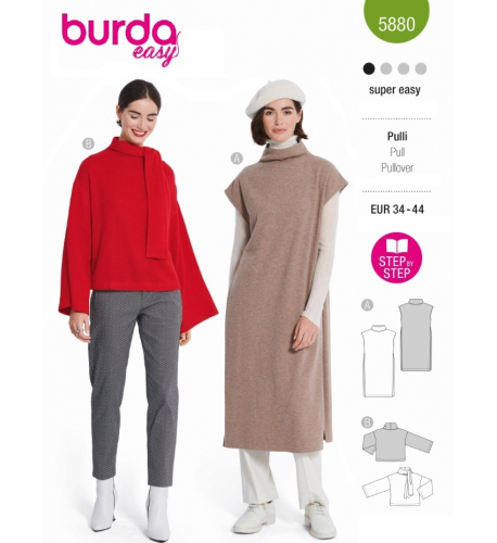 Střih Burda 5880, návod k šití: svetr s rolákem, svetrové šaty