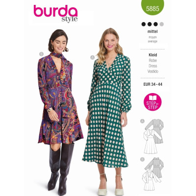 Střih Burda 5885, návod k šití: šaty s rozšířenou sukní