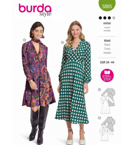 Střih Burda 5885, návod k šití: šaty s rozšířenou sukní