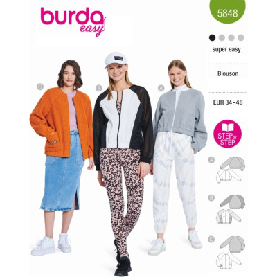 Střih Burda 5848, návod k šití: mikina, bomber, fleecová bunda