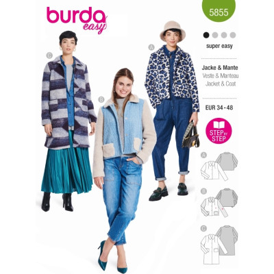 Střih Burda 5855, návod k šití: rovný kabát, plyšová bunda