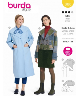 Střih Burda 5860, návod k šití: rovný kabát se širokým límcem, krátký kabátek