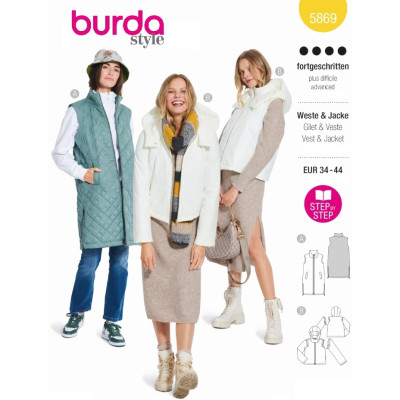 Střih Burda 5869, návod k šití: vesta, bunda s kapucí