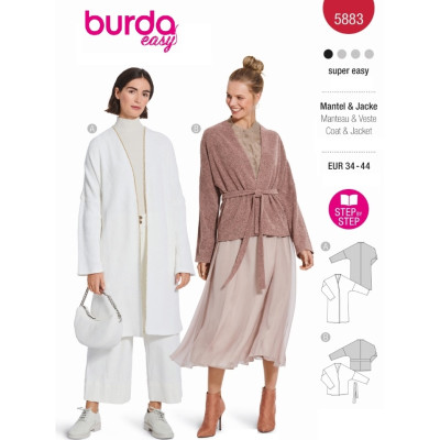 Střih Burda 5883, návod k šití: zavinovací kabát, kardigan