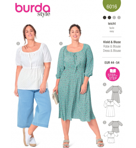 Střih Burda 6016, návod k šití: halenkové šaty s gumou v pase, halenka