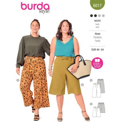 Střih Burda 6017, návod k šití: kalhoty s gumou a zavazováním v pase, lněné kalhoty