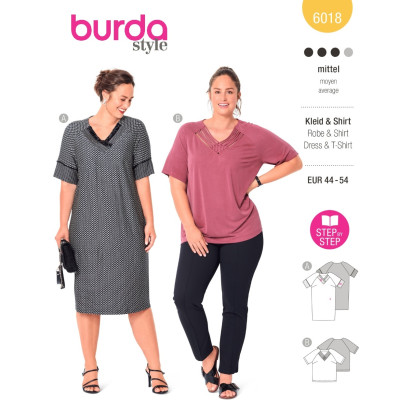 Střih Burda 6018, návod k šití: rovné šaty se zdobeným V-výstřihem, tričko