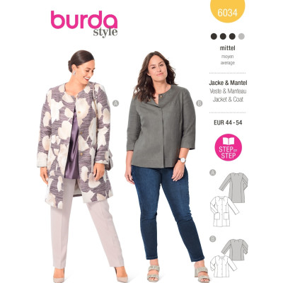 Střih Burda 6034, návod k šití: sako, kabát se zapínáním na patenty